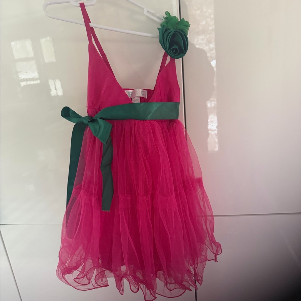 Pink and Green Tulle Dress with Flower Accent